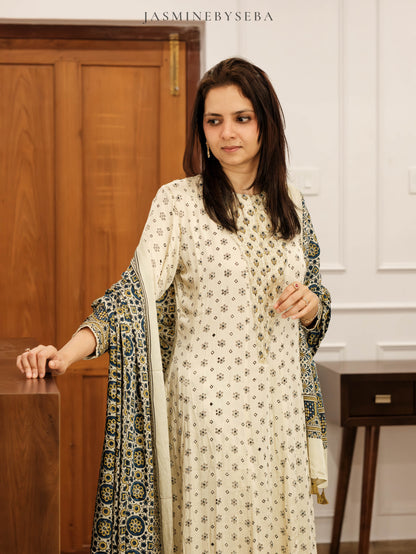 Ajrakh hand dyed hand block printed modal silk panel cut salwar set with cut bead handwork