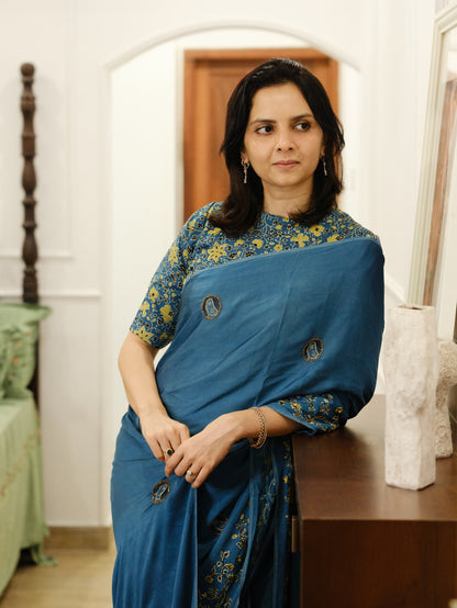 Ajrakh pure modal silk hand dyed, hand block printed and handworked saree