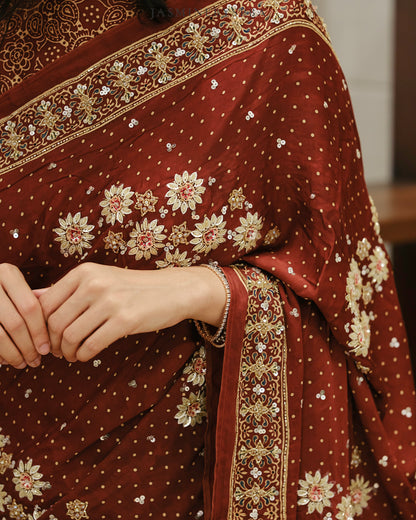 Ajrakh pure modal silk hand dyed, hand block printed and handworked saree