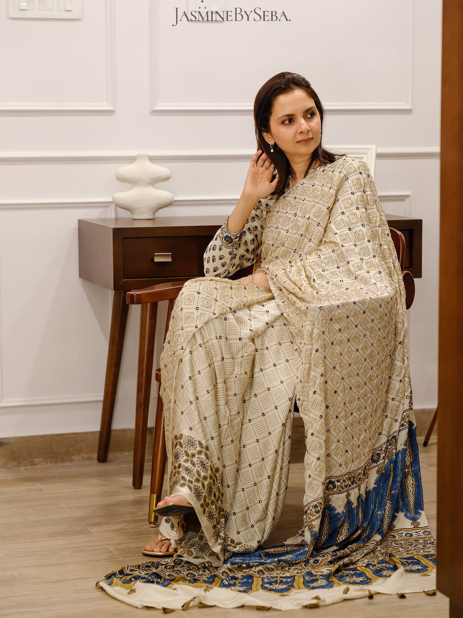 Ajrakh pure modal silk hand dyed, hand block printed and handworked saree