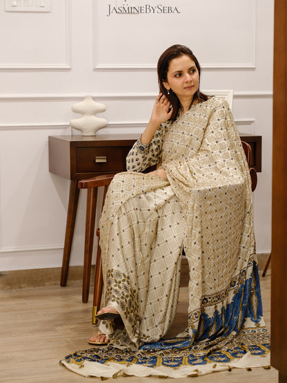 Ajrakh pure modal silk hand dyed, hand block printed and handworked saree