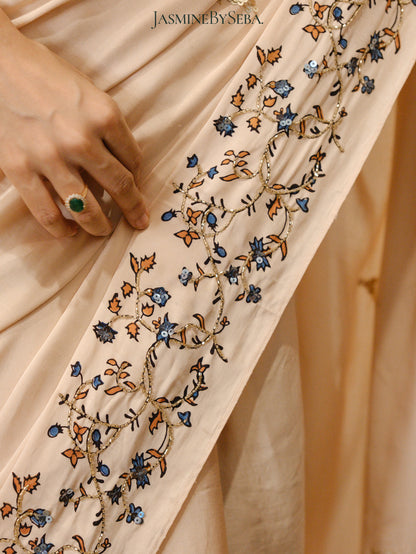Bespoke ‘Jasmine’ hand printed 
Ajrakh pure modal silk hand dyed, hand block printed and handworked saree