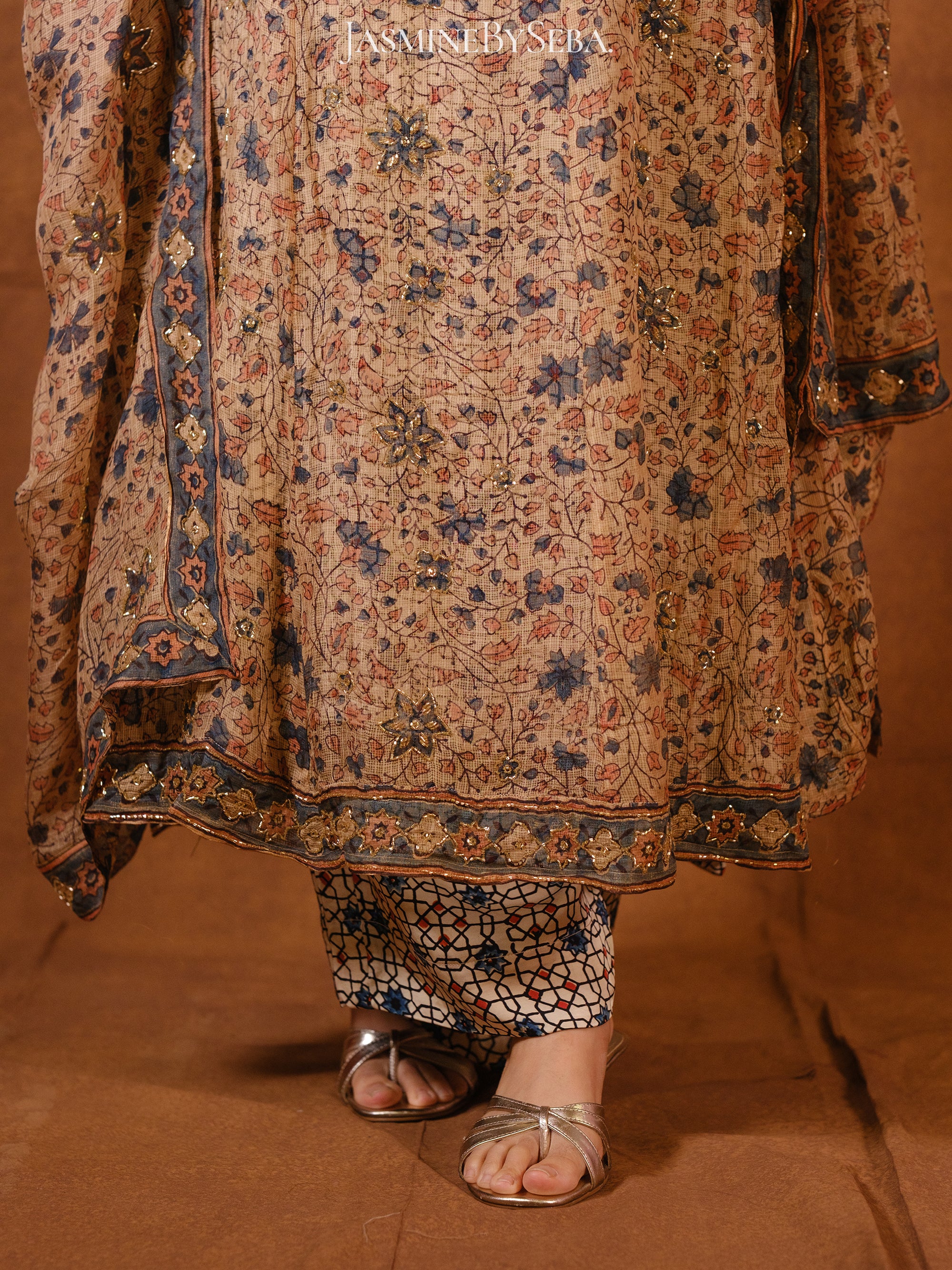 Ajrakh hand dyed hand block printed kota silk jacket set with cut bead handwork