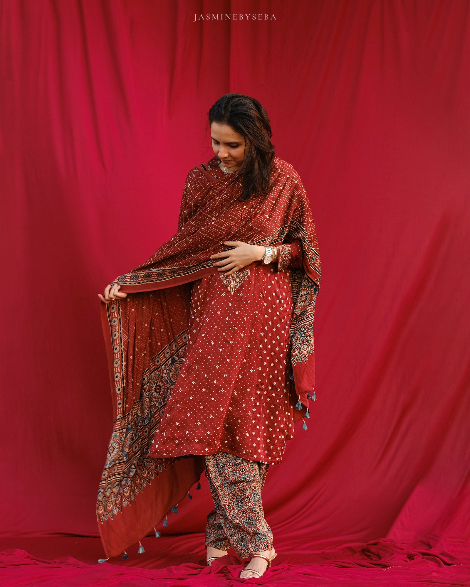 Ajrakh hand dyed hand block printed modal silk panel cut salwar set with cut bead handwork