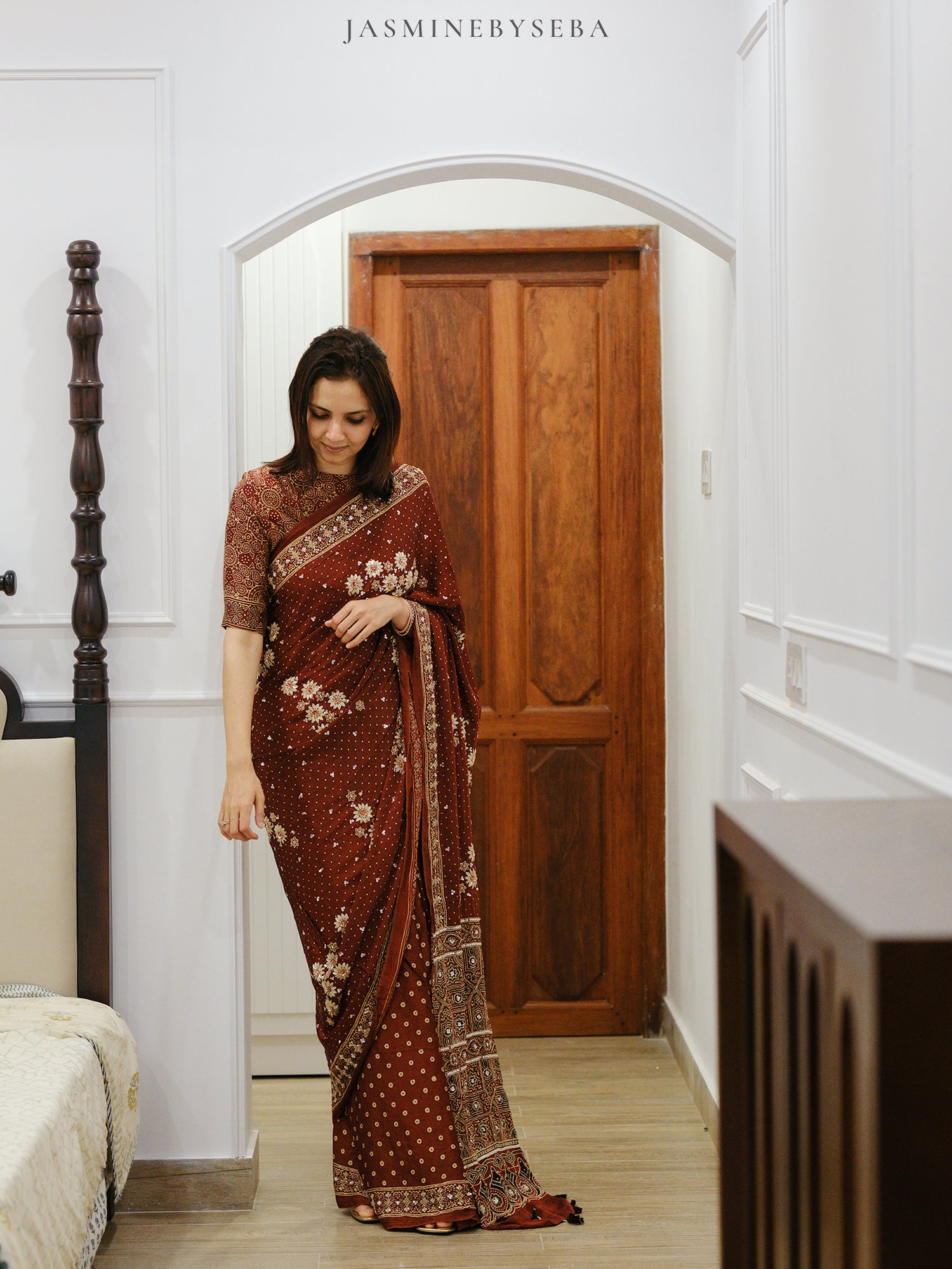 Ajrakh pure modal silk hand dyed, hand block printed and handworked saree