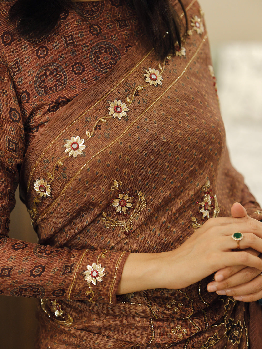 Ajrakh pure kota silk hand dyed, hand block printed and handworked saree