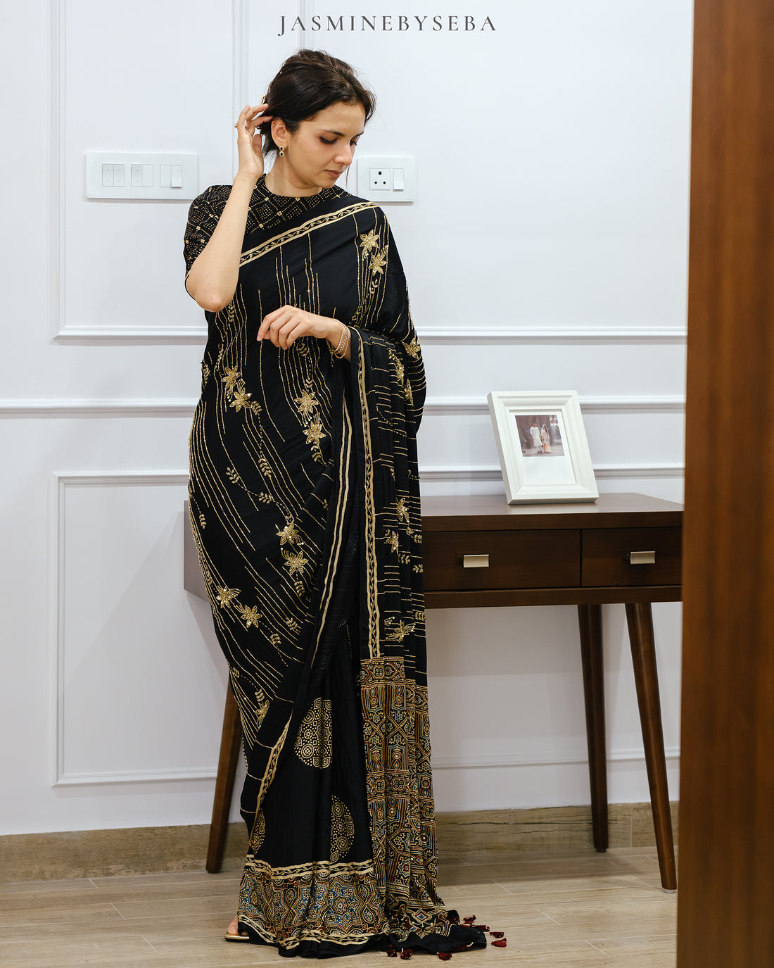 Ajrakh pure modal silk hand dyed, hand block printed and handworked saree