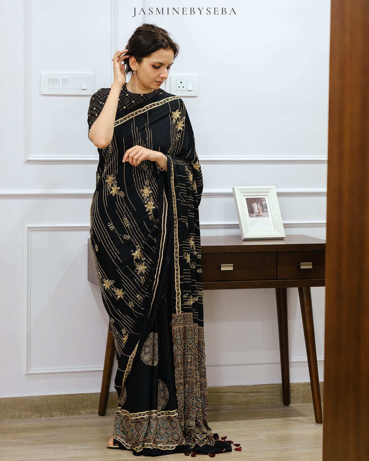 Ajrakh pure modal silk hand dyed, hand block printed and handworked saree