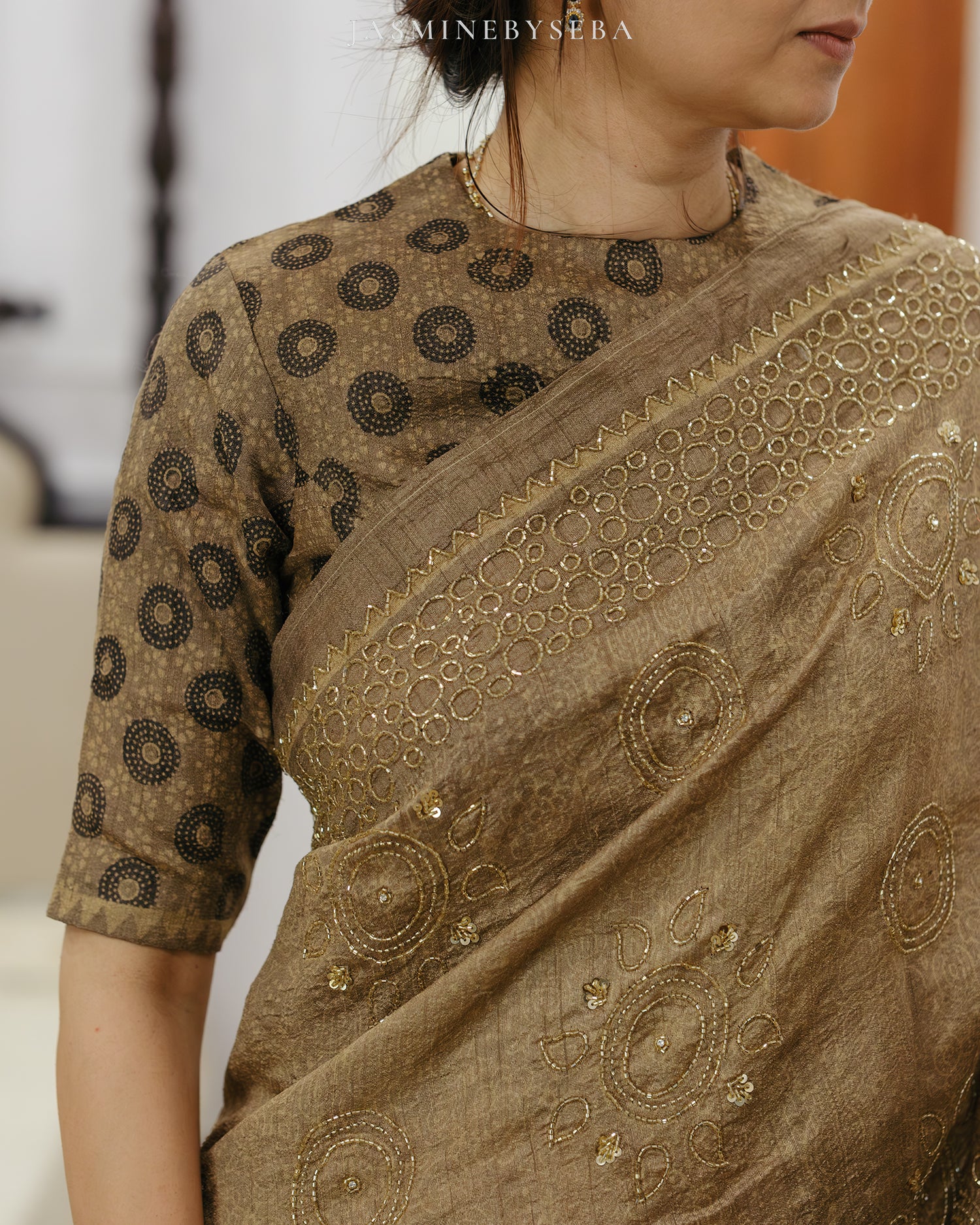 Ajrakh pure handloom tussar silk hand dyed, hand block printed and handworked saree