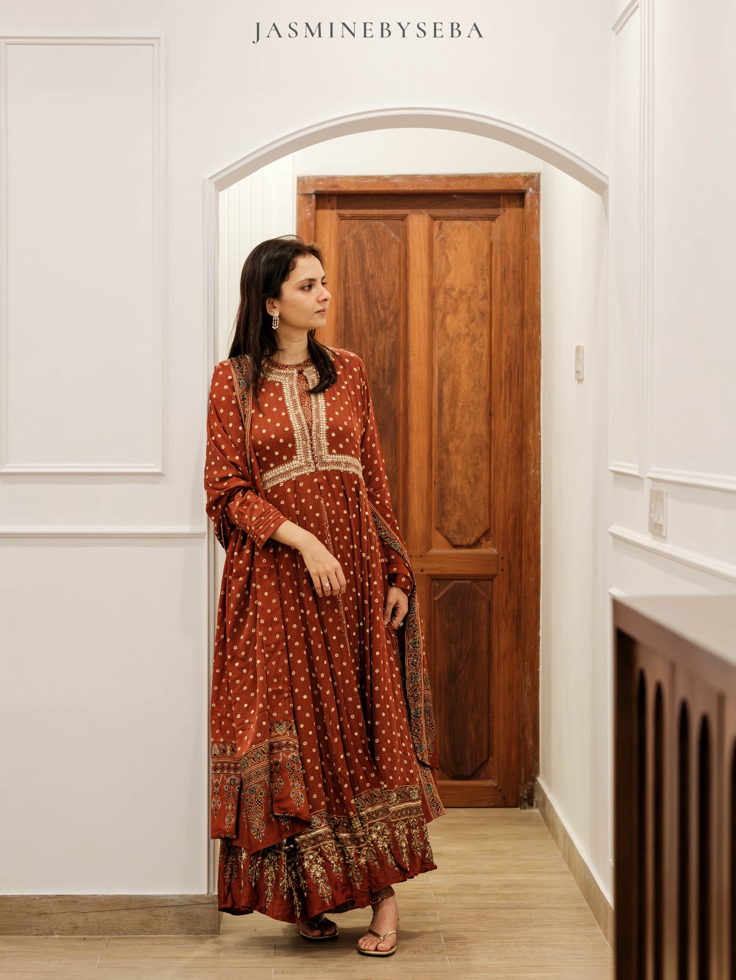 Ajrakh hand dyed hand block printed modal silk panel cut salwar set with cut bead handwork