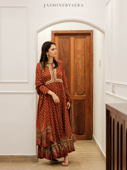 Ajrakh hand dyed hand block printed modal silk panel cut salwar set with cut bead handwork