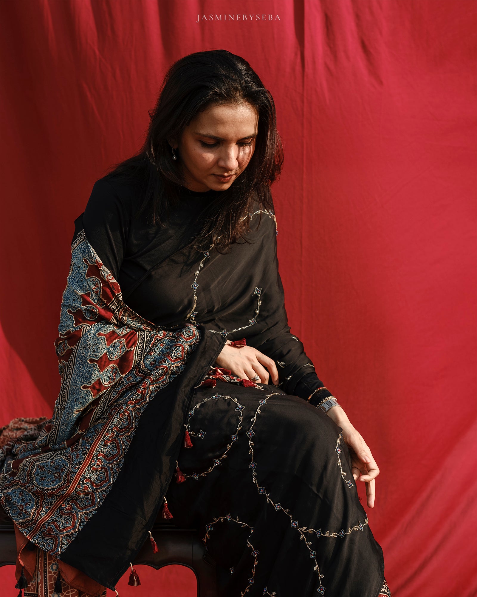 Ajrakh modal silk handworked saree with modal silk handworked dupatta