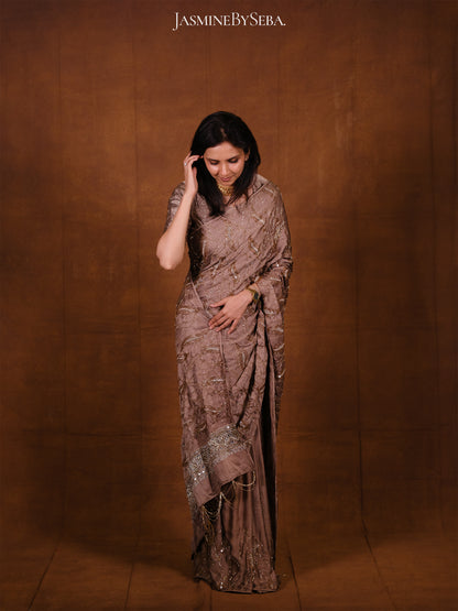 Ajrakh pure modal silk hand dyed, hand block printed and handworked saree