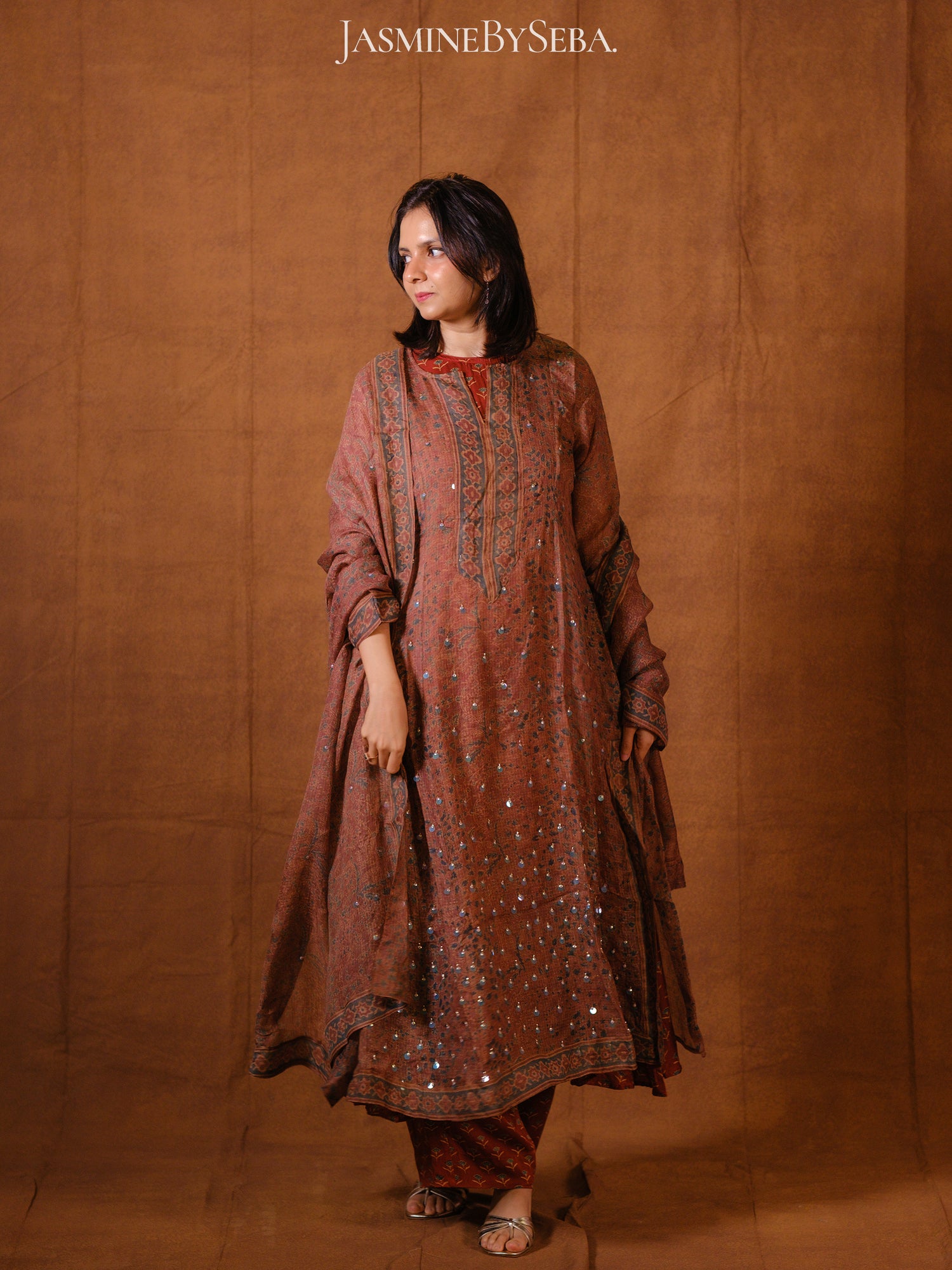 Ajrakh hand dyed hand block printed kota silk jacket set with cut bead handwork