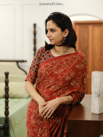 Ajrakh bridal pure handloom gajji silk hand dyed, hand block printed and handworked saree