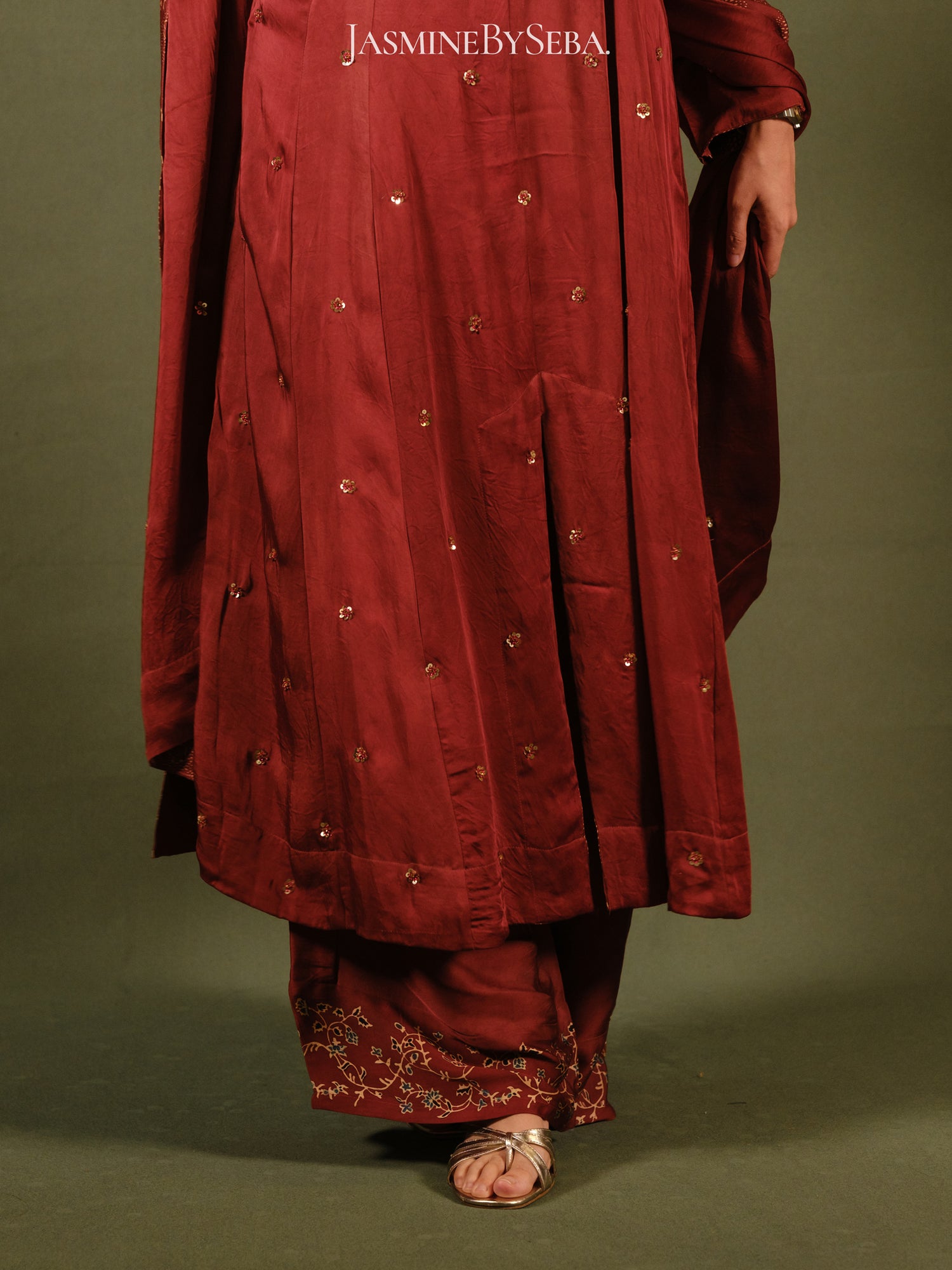 Ajrakh hand dyed hand block printed modal silk panel cut salwar set with cut bead handwork
