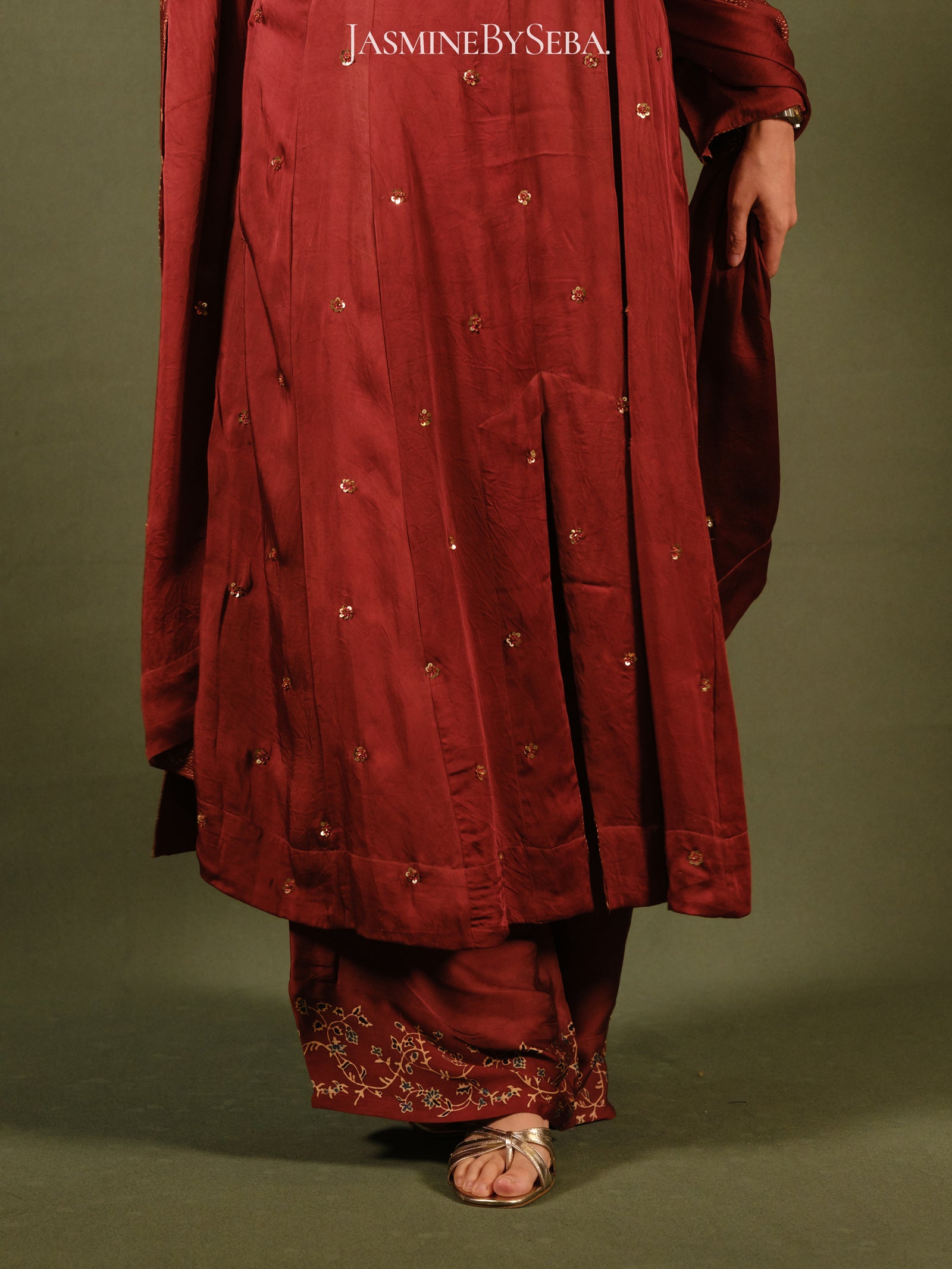 Ajrakh hand dyed hand block printed modal silk panel cut salwar set with cut bead handwork