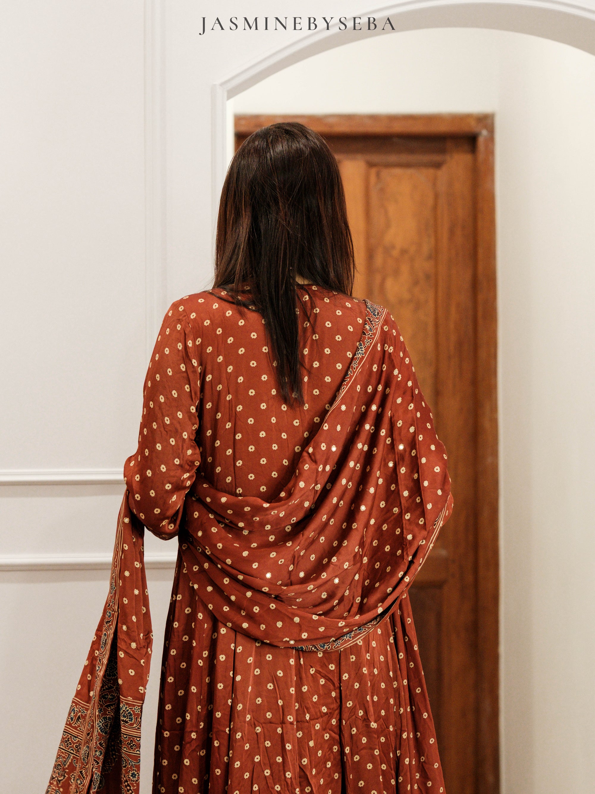 Ajrakh hand dyed hand block printed modal silk panel cut salwar set with cut bead handwork