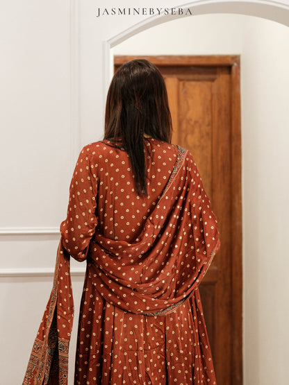 Ajrakh hand dyed hand block printed modal silk panel cut salwar set with cut bead handwork