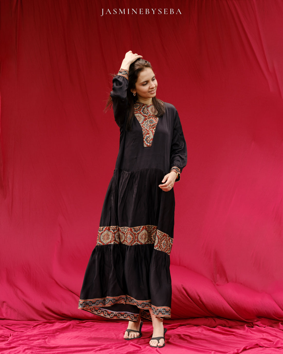 Ajrakh hand dyed hand block printed modal silk maxi dress