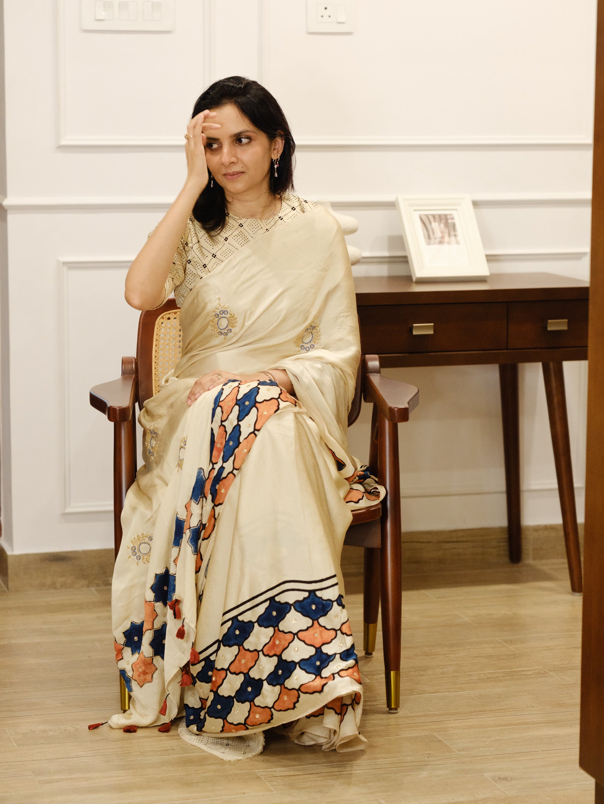 Ajrakh pure modal silk hand dyed, hand block printed and handworked saree