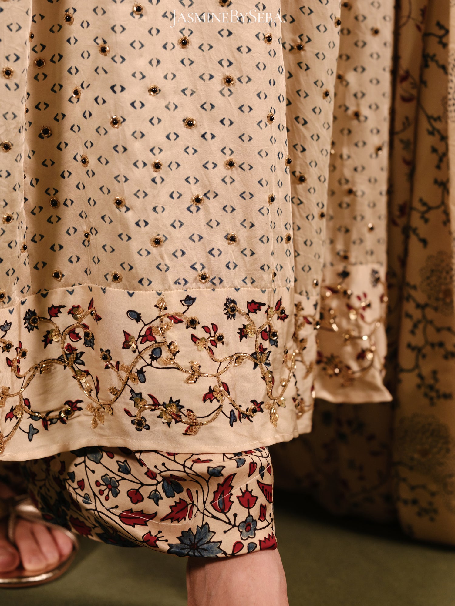 Ajrakh hand dyed hand block printed modal silk panel cut masakali set with cut bead handwork
