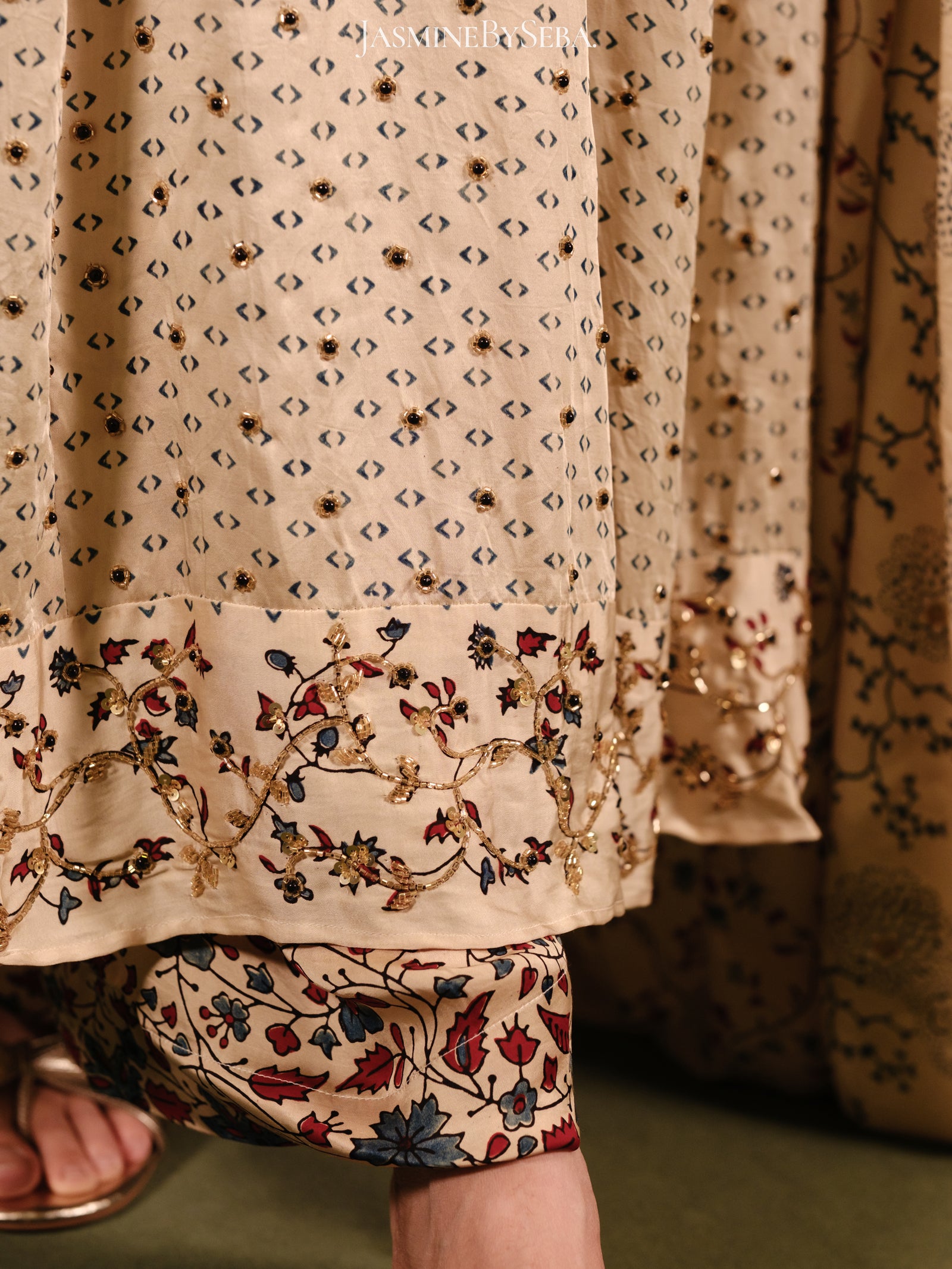 Ajrakh hand dyed hand block printed modal silk panel cut masakali set with cut bead handwork
