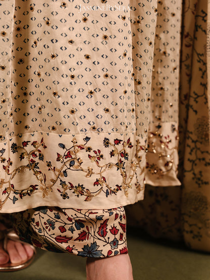 Ajrakh hand dyed hand block printed modal silk panel cut masakali set with cut bead handwork