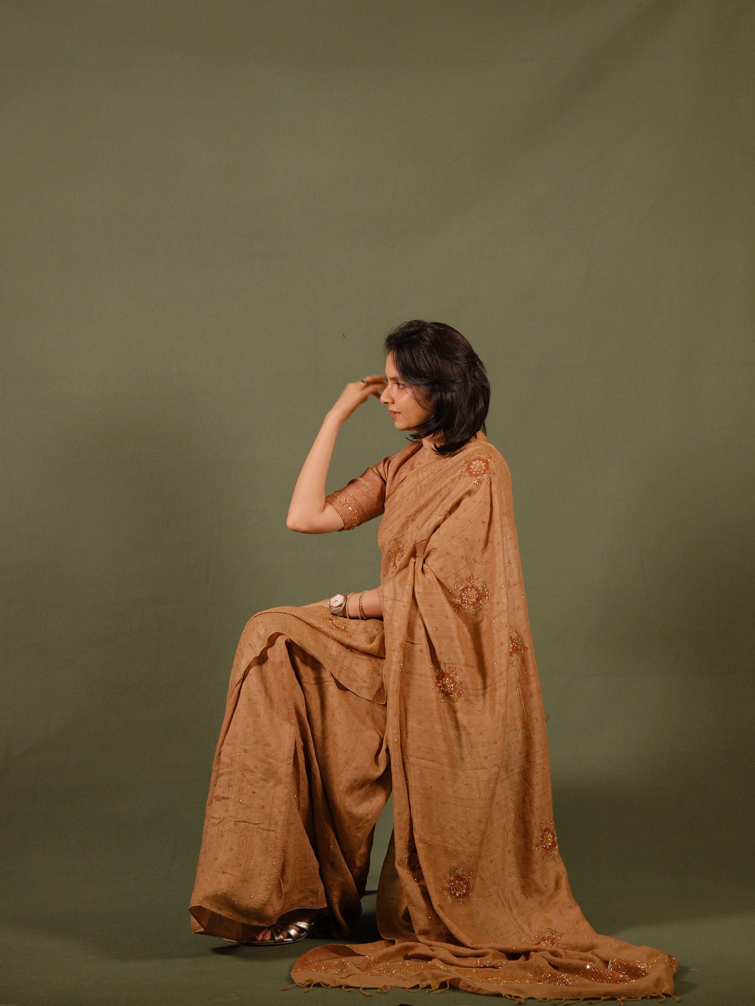 Ajrakh pure handloom tussar silk hand dyed, hand block printed and handworked saree