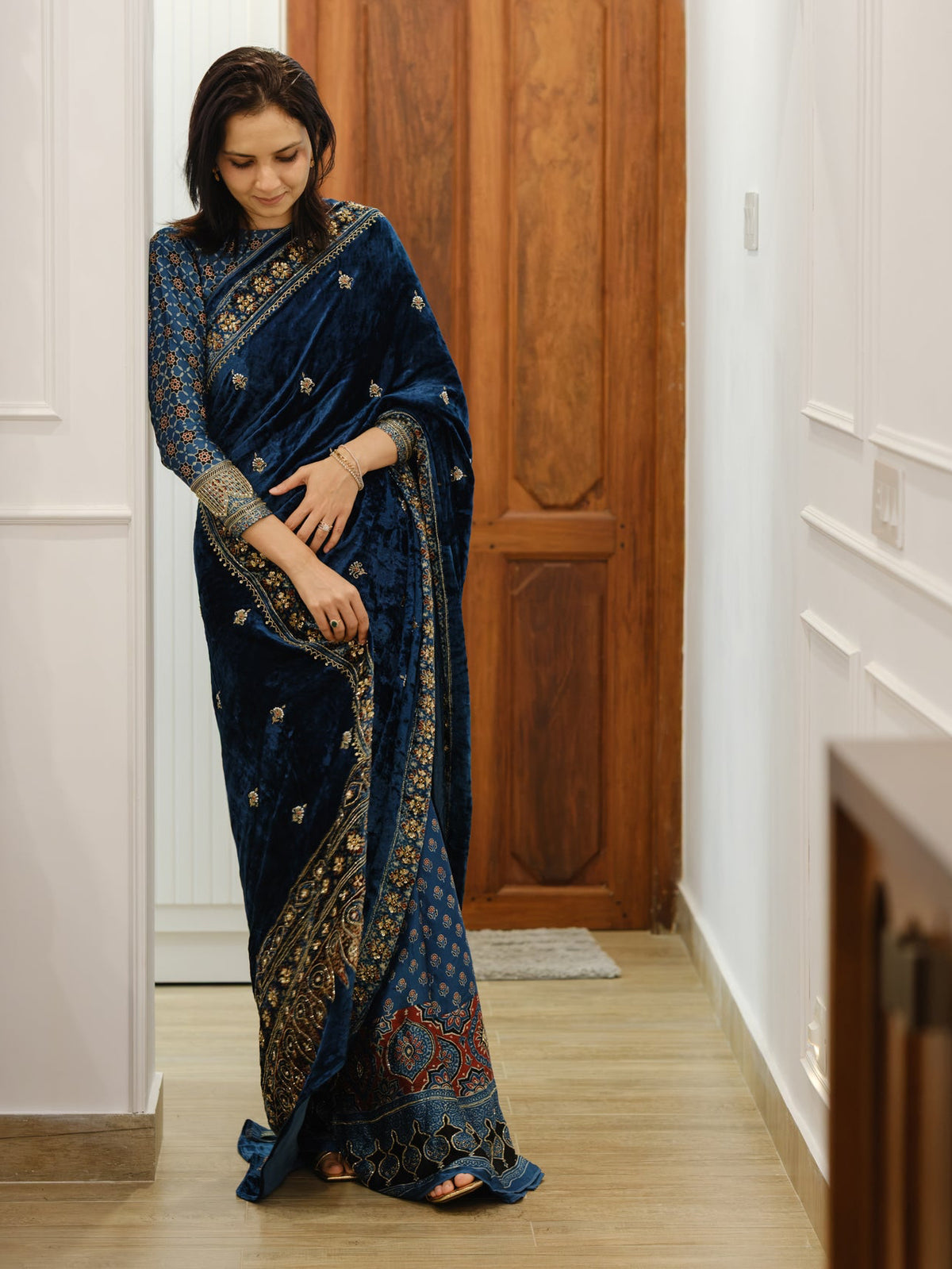 Ajrakh pure velvet silk hand dyed, hand block printed and handworked saree