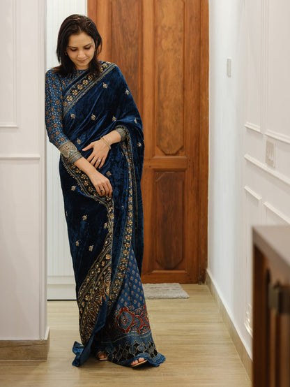 Ajrakh pure velvet silk hand dyed, hand block printed and handworked saree