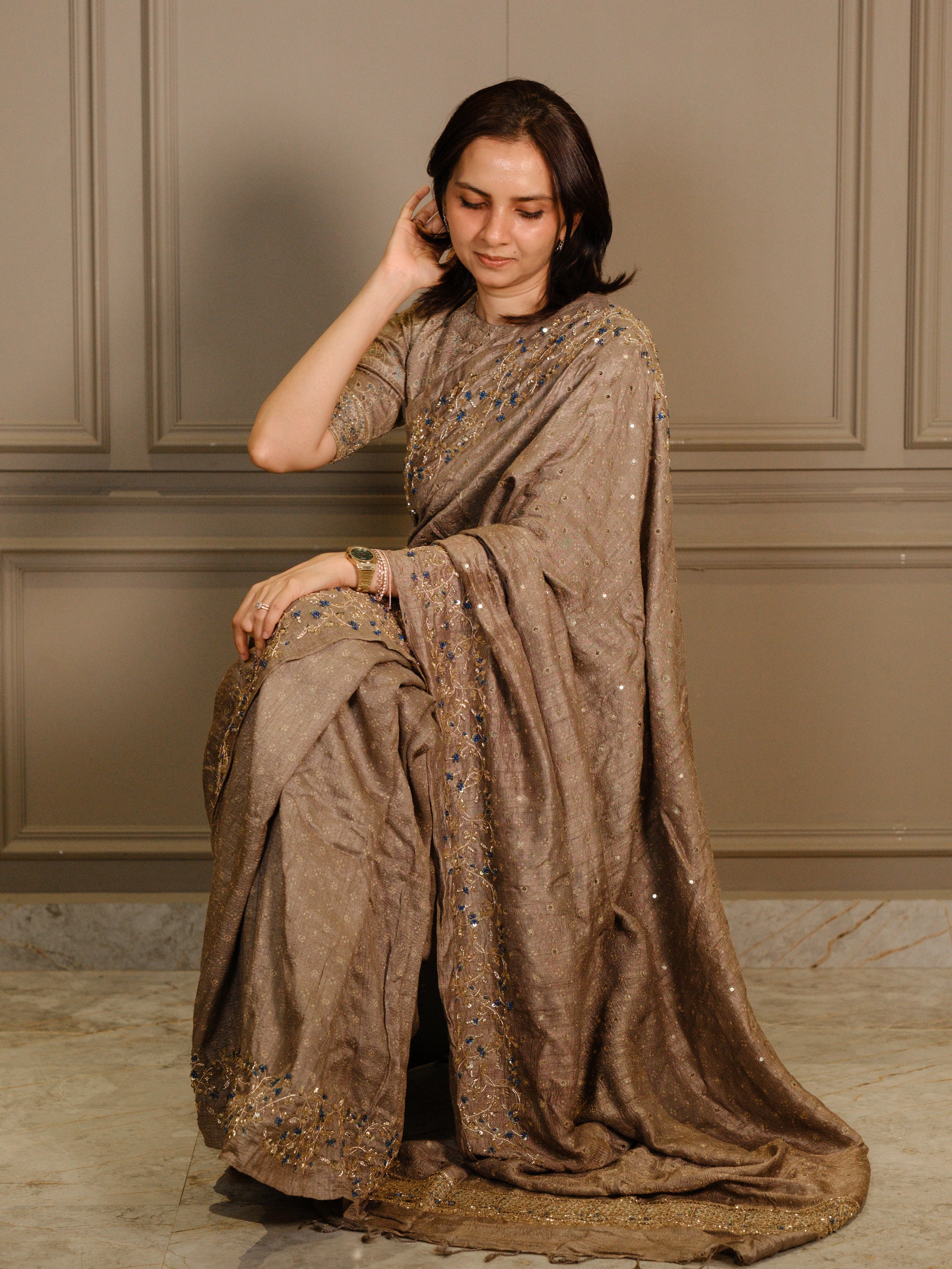 Ajrakh pure handloom tussar silk hand dyed, hand block printed and handembroideredsaree