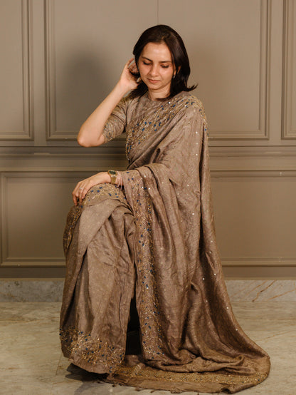 Ajrakh pure handloom tussar silk hand dyed, hand block printed and handembroideredsaree