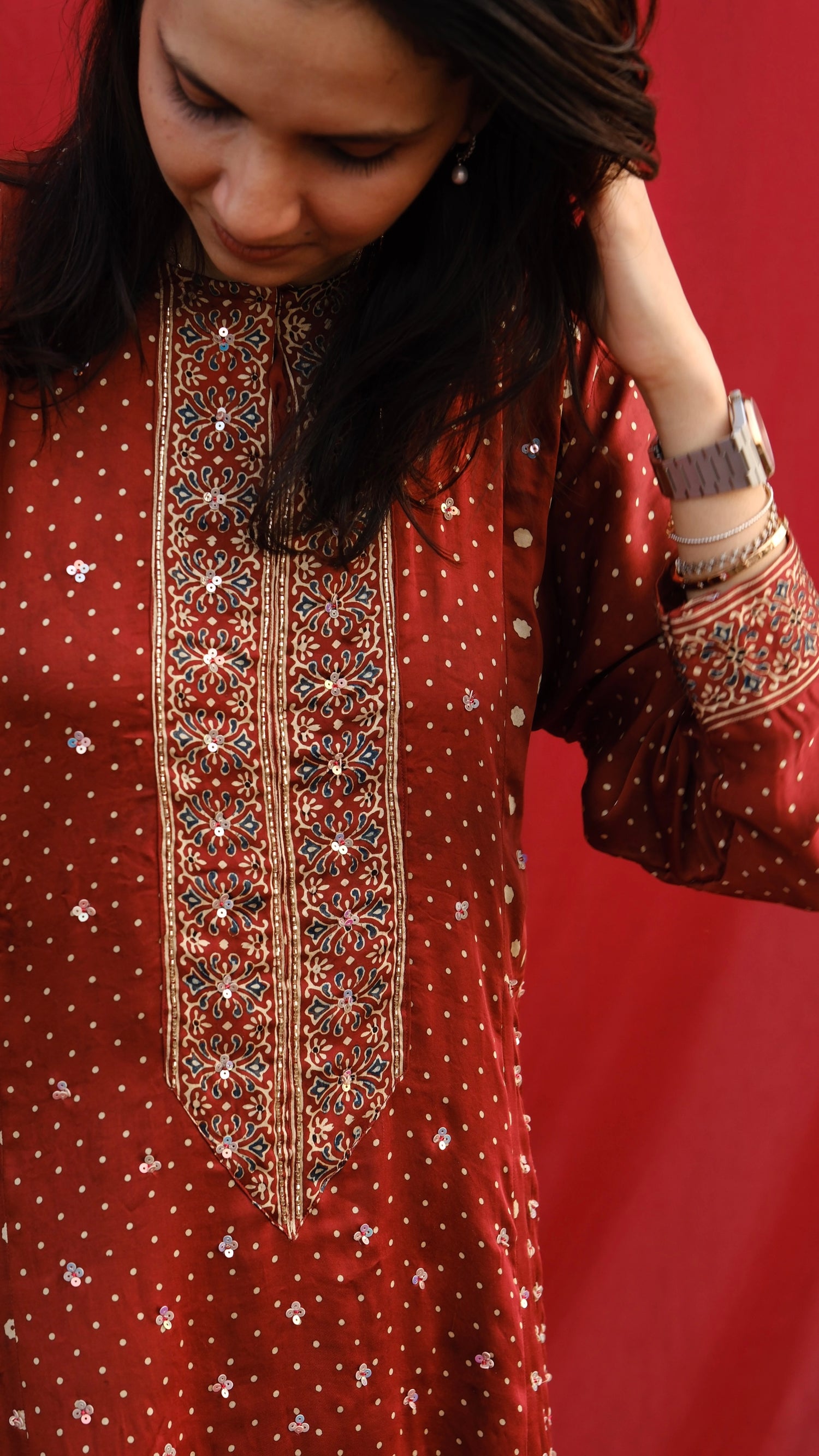 Ajrakh hand dyed hand block printed modal silk panel cut salwar set with cut bead handwork