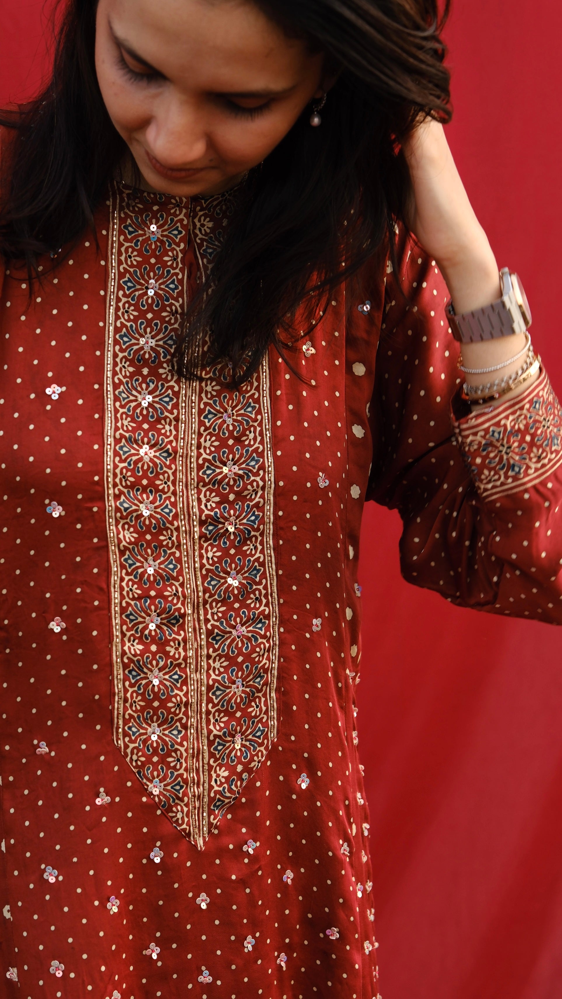 Ajrakh hand dyed hand block printed modal silk panel cut salwar set with cut bead handwork