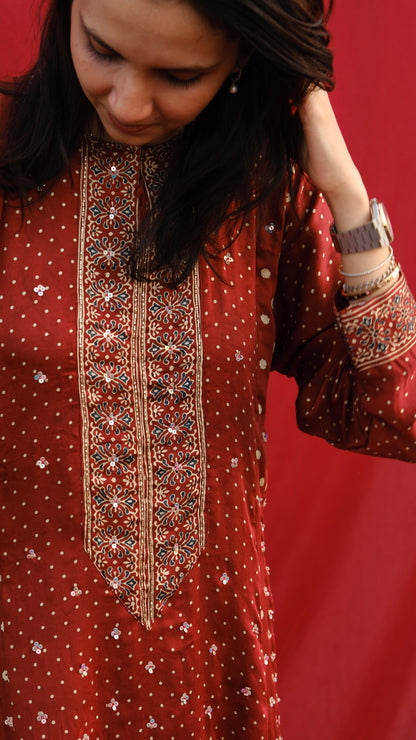 Ajrakh hand dyed hand block printed modal silk panel cut salwar set with cut bead handwork