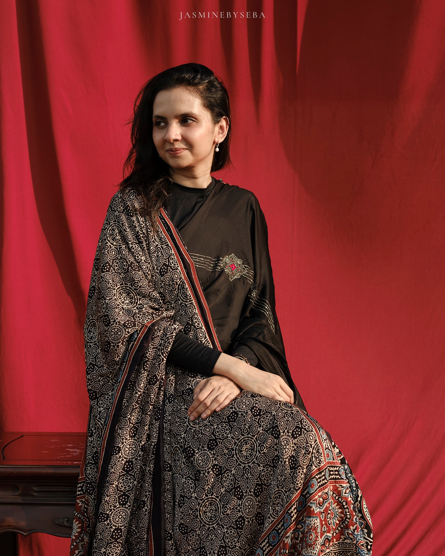 Ajrakh modal silk hand dyed, hand block printed and handworked saree with modal silk handworked dupatta