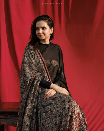 Ajrakh modal silk hand dyed, hand block printed and handworked saree with modal silk handworked dupatta
