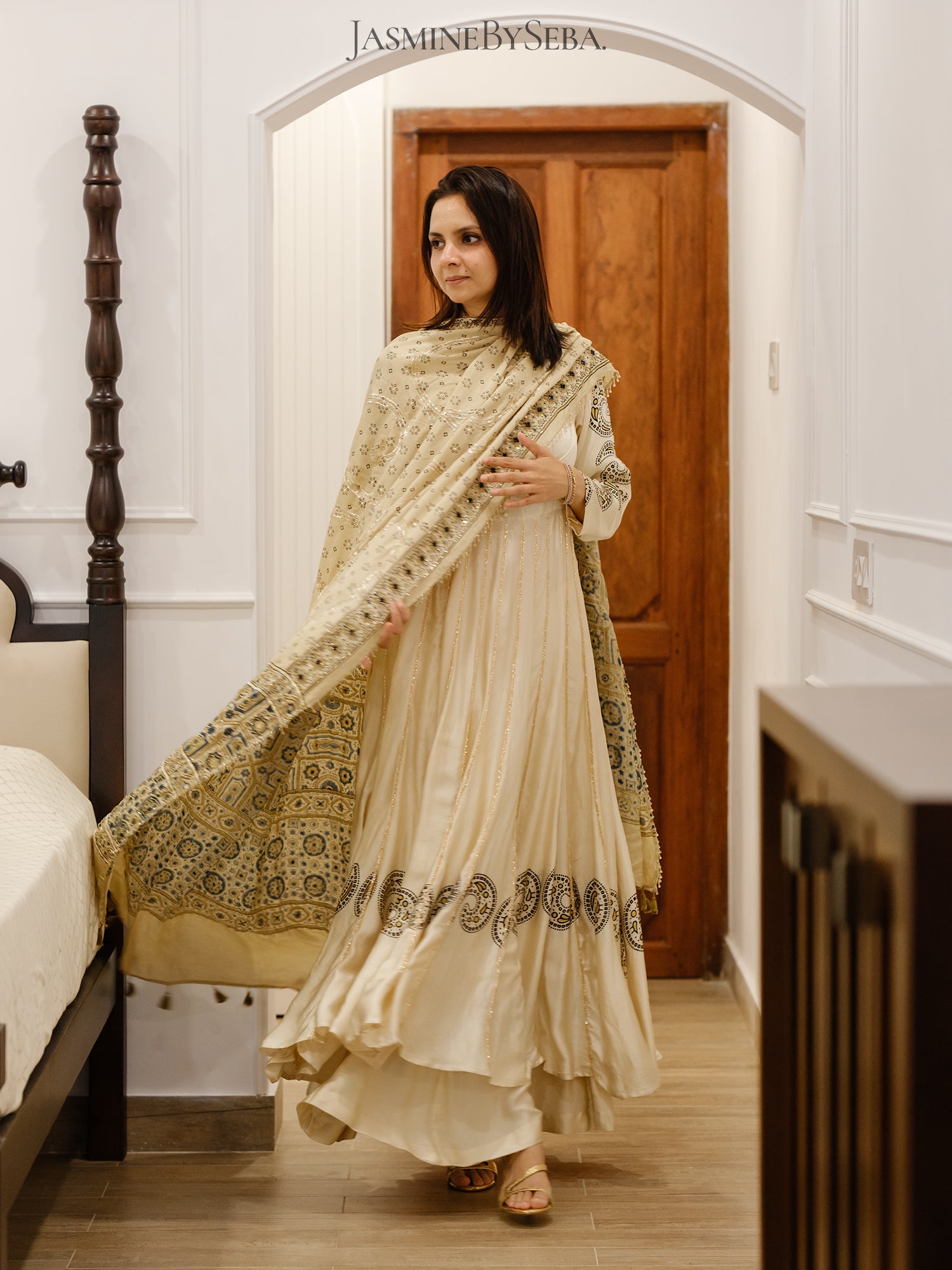 Custom made Ajrakh hand dyed hand block printed modal silk anarakali set with hand embroidry