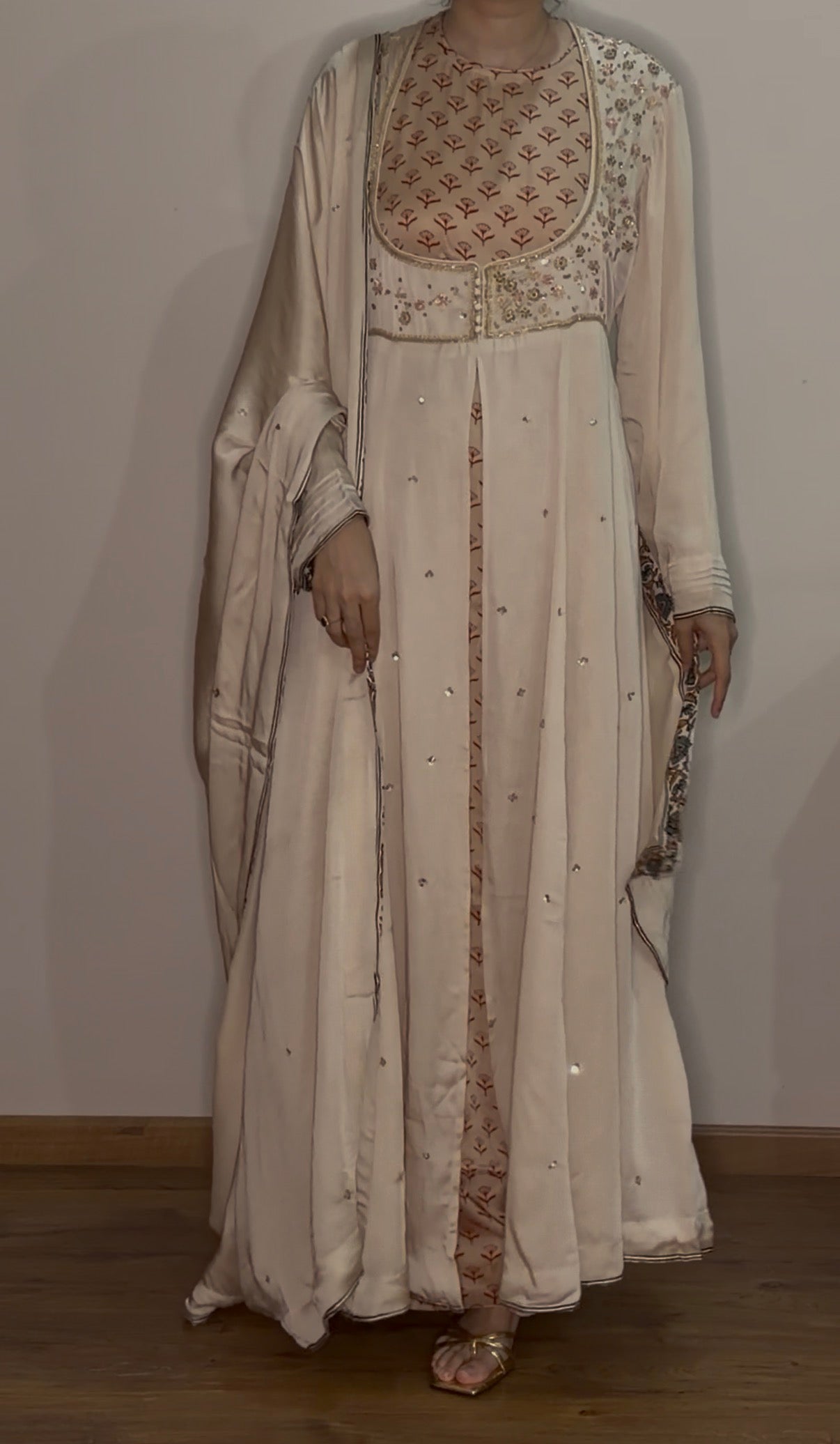 Ajrakh hand dyed hand block printed modal silk panel cut Anarkali set with cut bead handwork