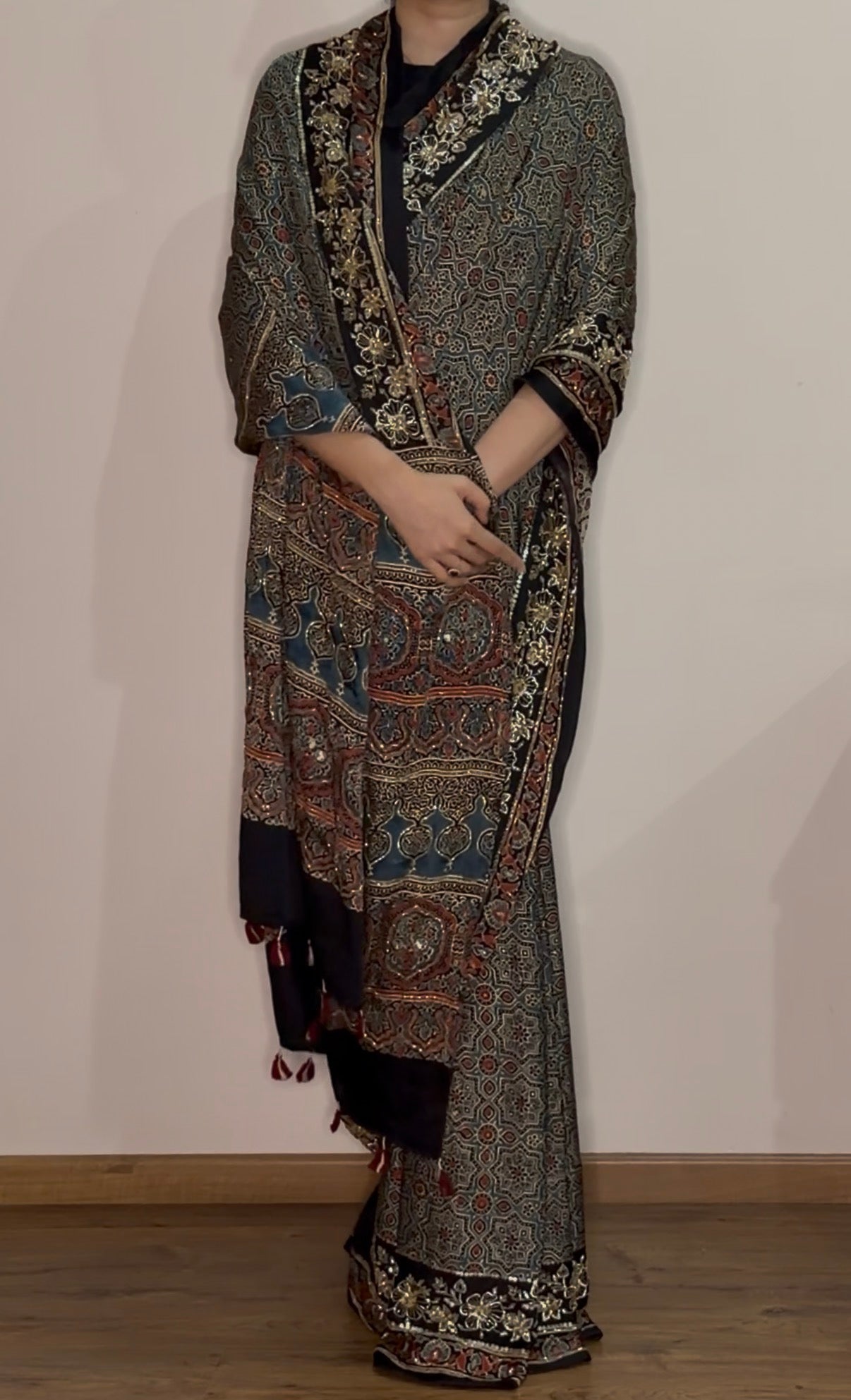 Ajrakh pure modal silk hand dyed, hand block printed and handworked saree