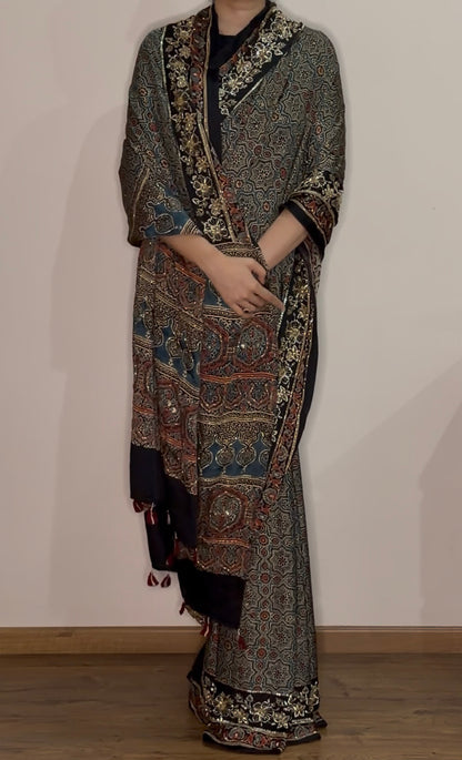 Ajrakh pure modal silk hand dyed, hand block printed and handworked saree