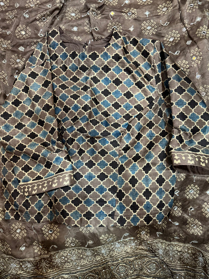 Ajrakh pure handloom gajji silk hand dyed, hand block printed and handworked saree