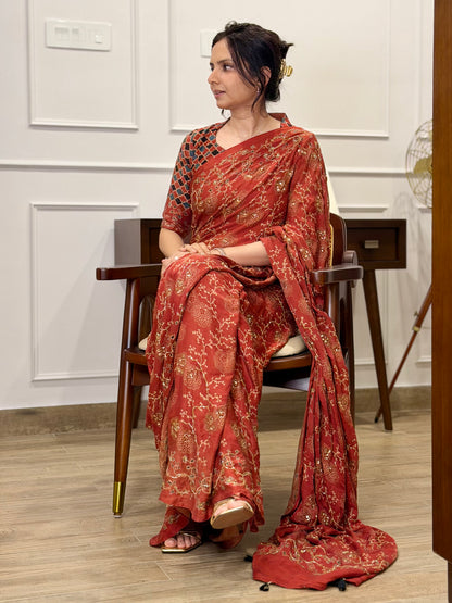Ajrakh bridal pure handloom gajji silk hand dyed, hand block printed and handworked saree