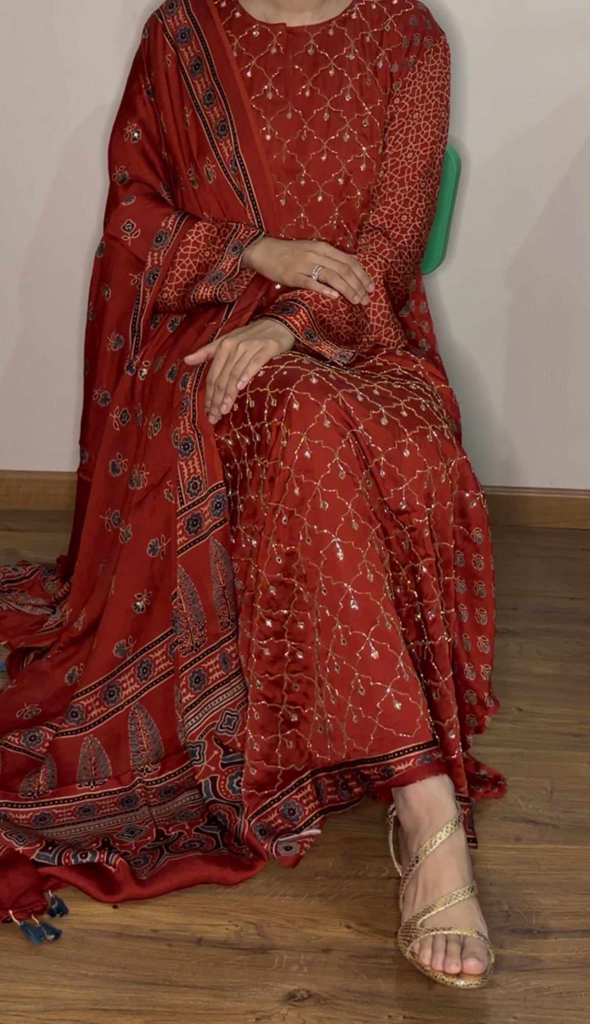 Ajrakh hand block printed modal silk A line salwar set with zardosi handwork