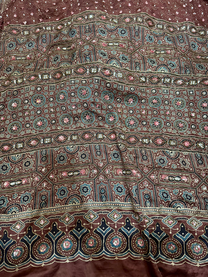 Ajrakh pure handloom gajji silk hand dyed, hand block printed and handworked saree