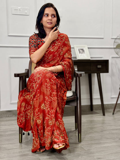 Ajrakh bridal pure handloom gajji silk hand dyed, hand block printed and handworked saree