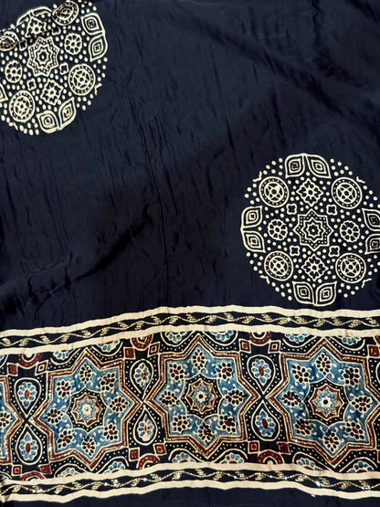 Ajrakh pure modal silk hand dyed, hand block printed and handworked saree
