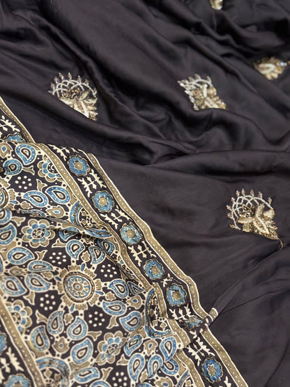 Ajrakh modal silk handworked saree with modal silk handworked dupatta