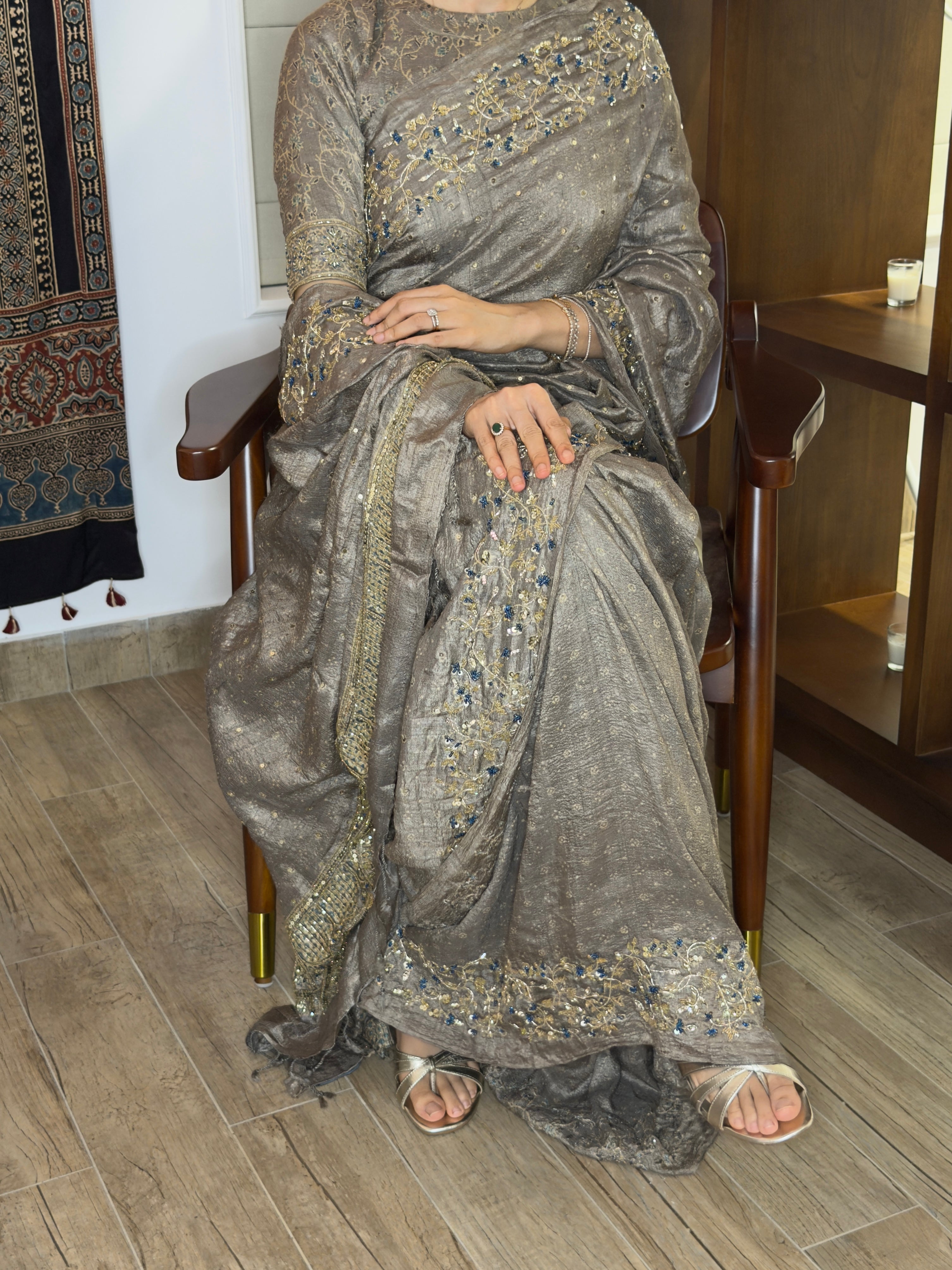 Ajrakh pure handloom tussar silk hand dyed, hand block printed and handworked saree